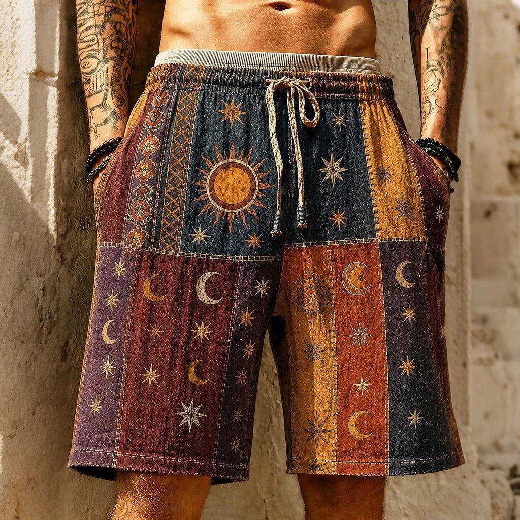Men's Hippie Sun Moon Element Patchwork Art Print Shorts