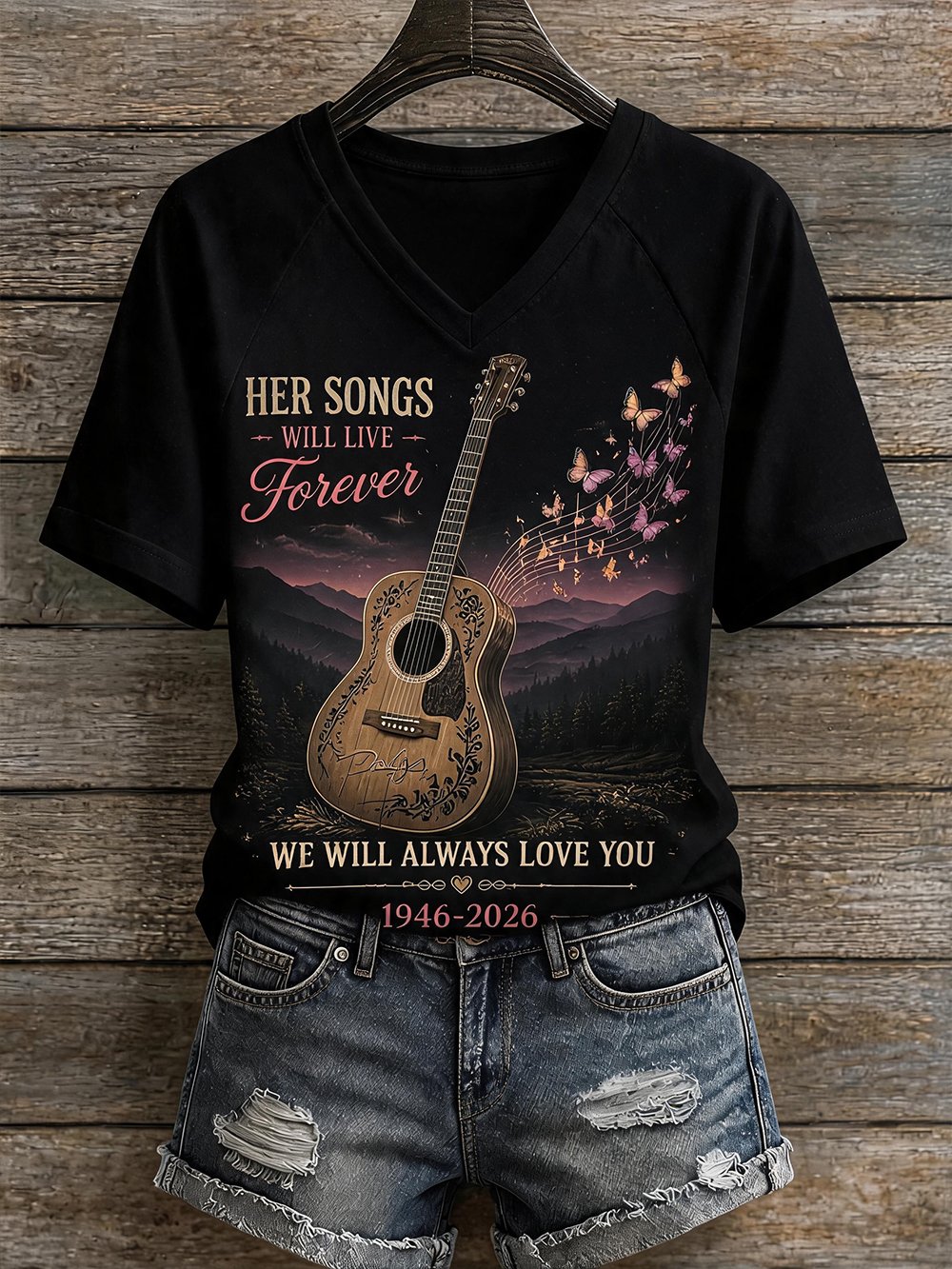 Women's "We Will Always Love You" Print V-Neck T-Shirt