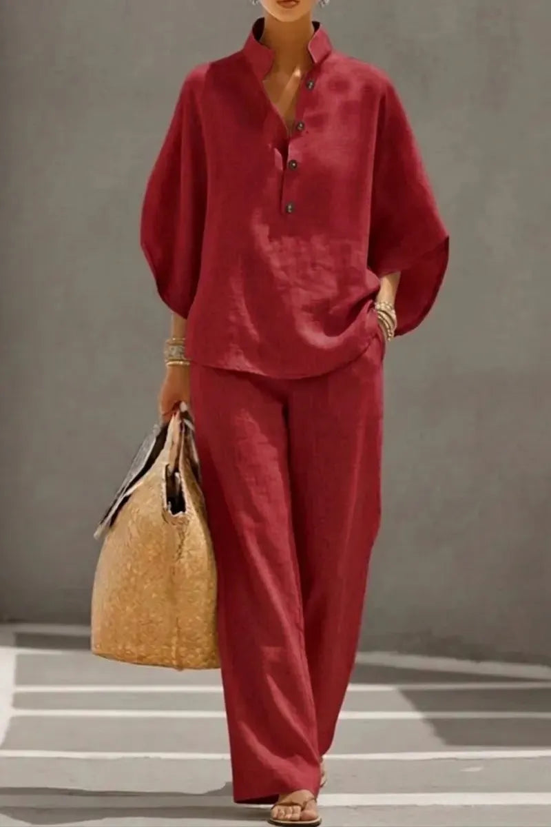 🔥 49% OFF🔥Women's Batwing Sleeve Linen Cotton Two-Piece Set – Casual Shirt & Wide Leg Pants Outfit