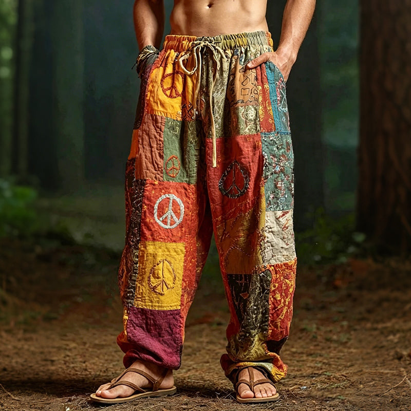 Men's Colorful Hippie Art Peace Sign Patchwork Print Casual Pants