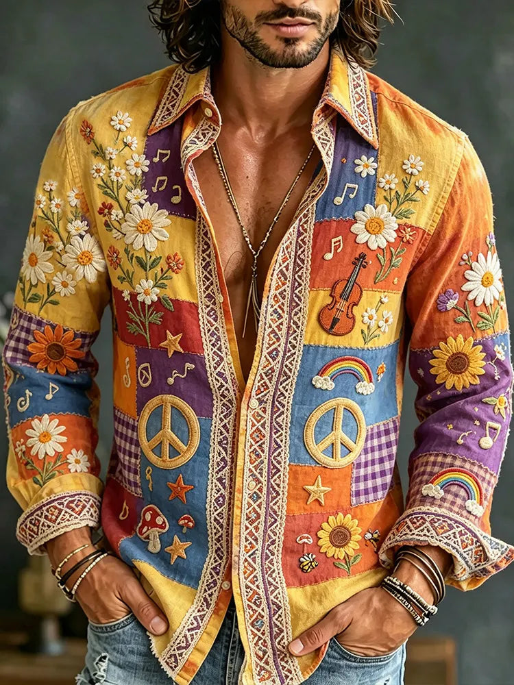 Men's Vintage Peace Symbol And Music Hippie Patchwork Art Casual Long-sleeve Shirt