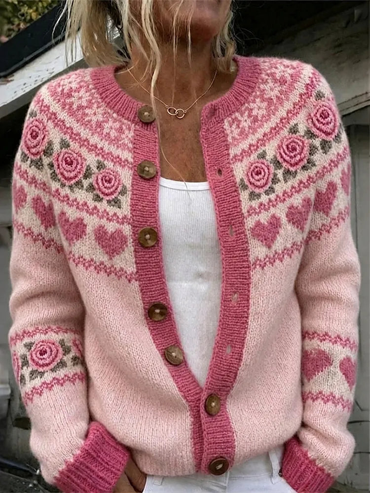 Women's Breast Cancer Awareness Month Rose Heart Graphic Icelandic Cardigan