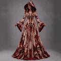 Women's Halloween Vintage Blood-stained Human Skeleton Art Long-sleeve Hooded Long Dress