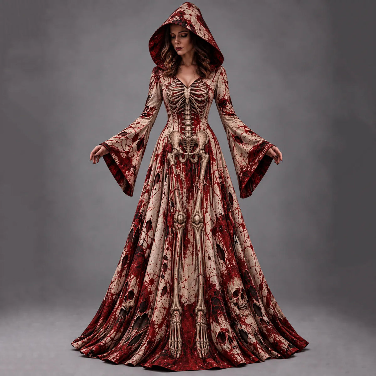Women's Halloween Vintage Blood-stained Human Skeleton Art Long-sleeve Hooded Long Dress