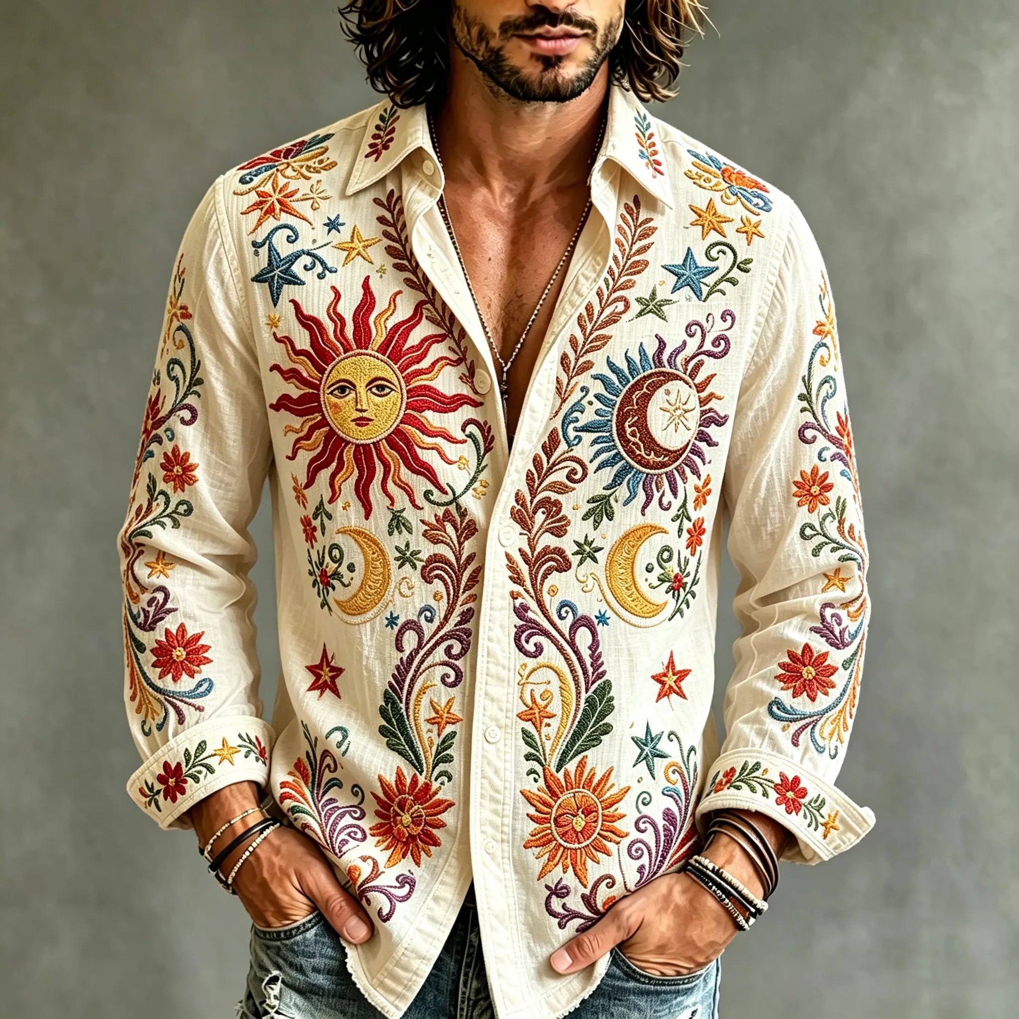 Men's Hippie Sun Moon Stars And Peace Art Vintage Cotton Linen Casual Long Sleeve Shirt