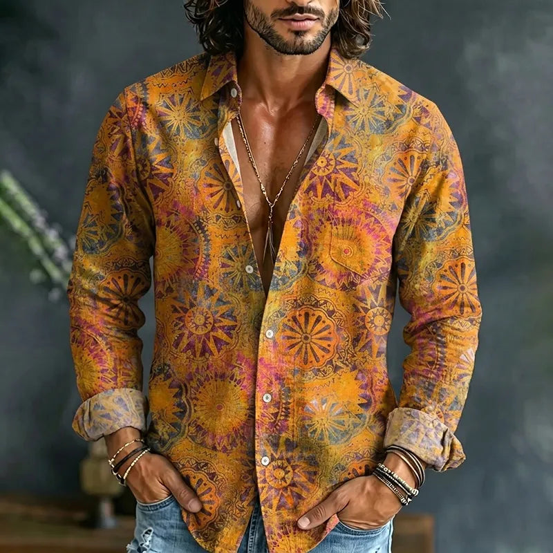 Men's Retro Geometric Ethnic Pattern Print Pocket Long Sleeve Shirt