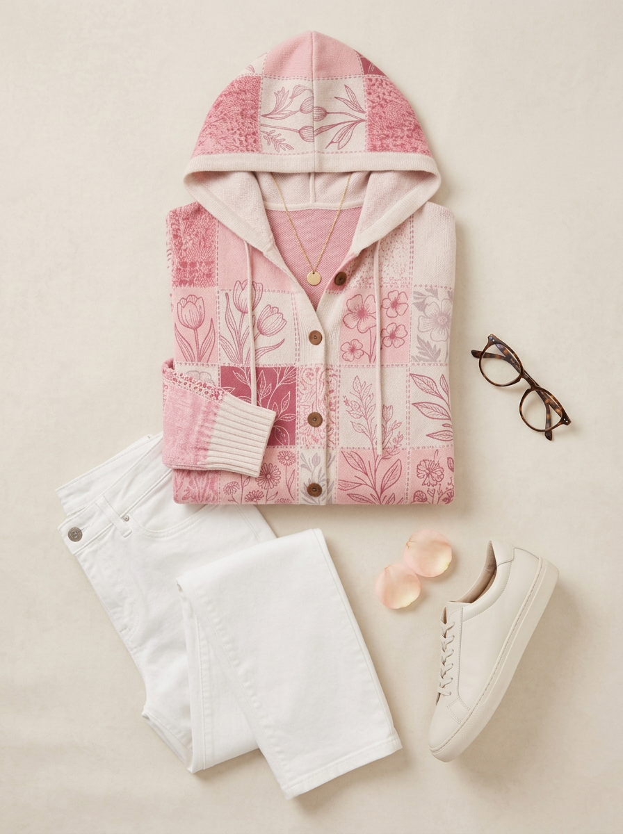 Women's Breast Cancer Awareness Pink Floral Patchwork Printed Cardigan