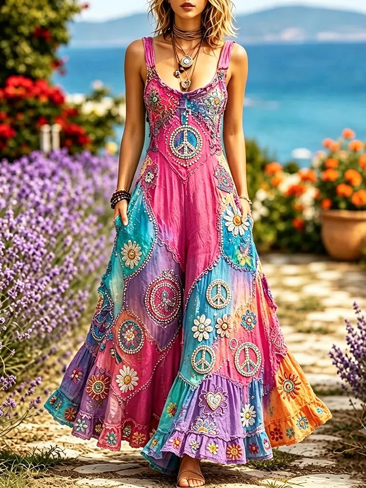 Women's Hippie Peace Sign Contrast Tie Dye Sleeveless Dress