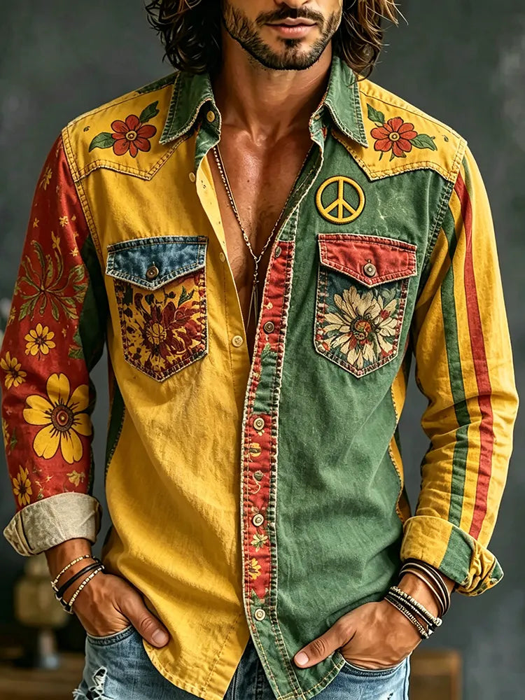 Men's Hippie Color-blocked Floral Long-sleeved Cotton And Linen Shirt