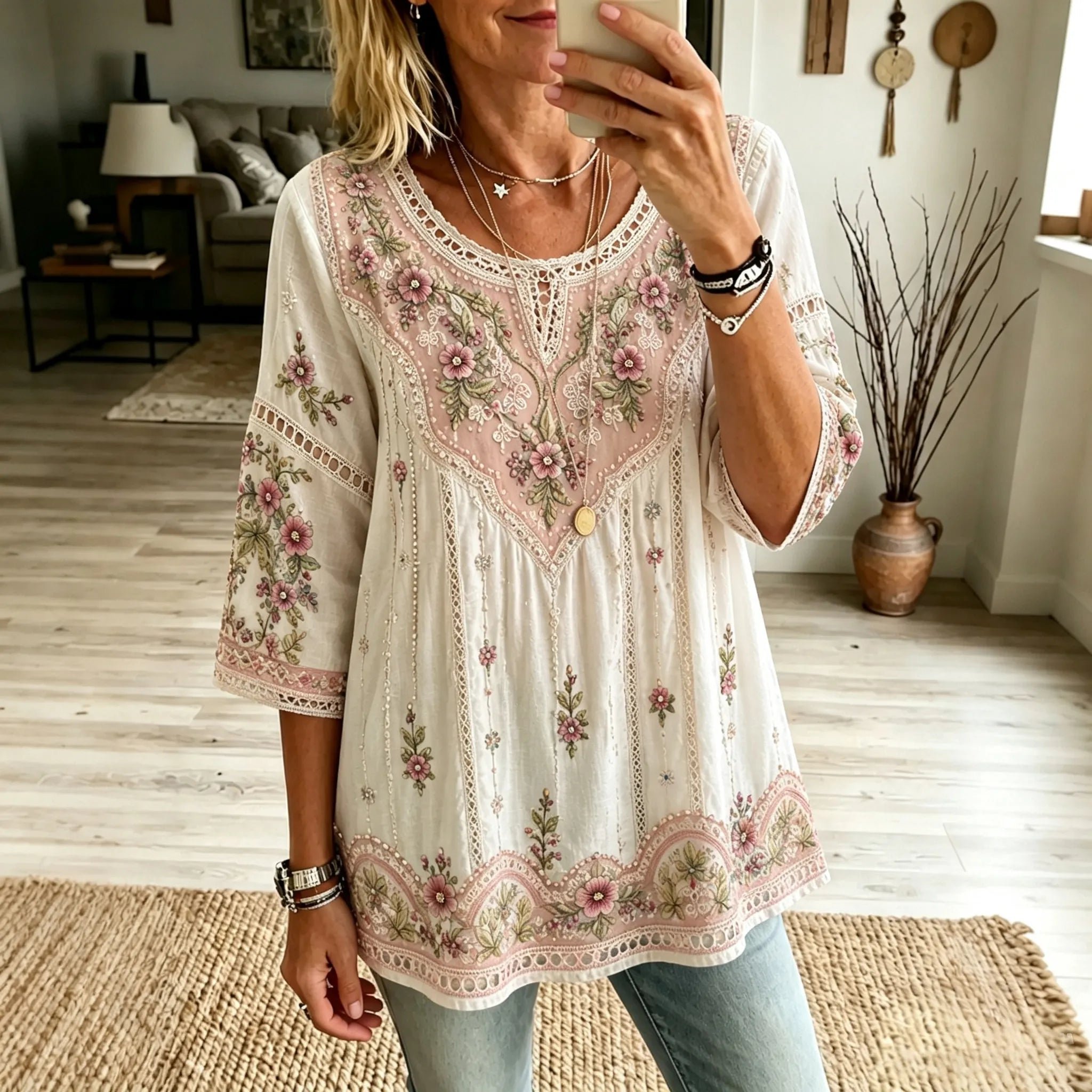 Women's Vintage Boho Floral Art Crew Neck Linen Blend T-shirt