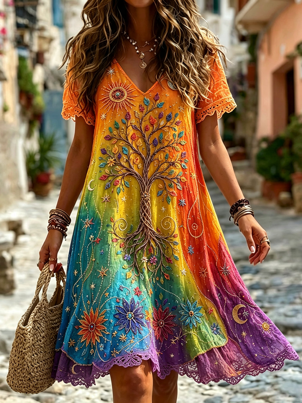 Women's Retro Hippie Tree Of Life Pattern V Neck Short Sleeve Linen Blend Midi Dress