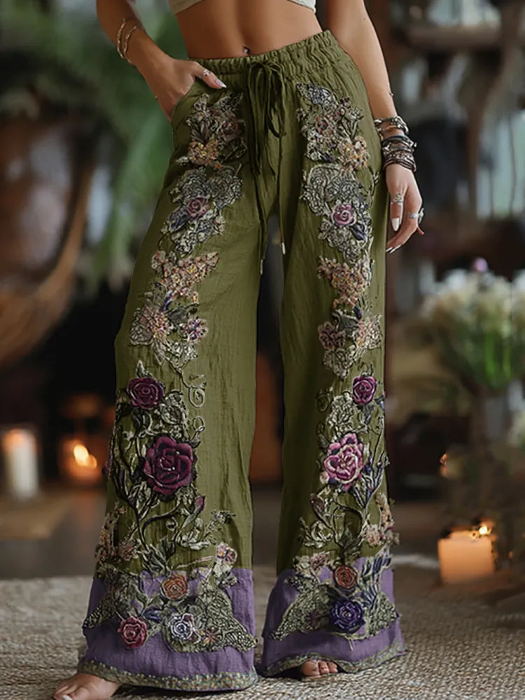 Classy Purple Lavender And Floral Embroidered Art Linen Pants
