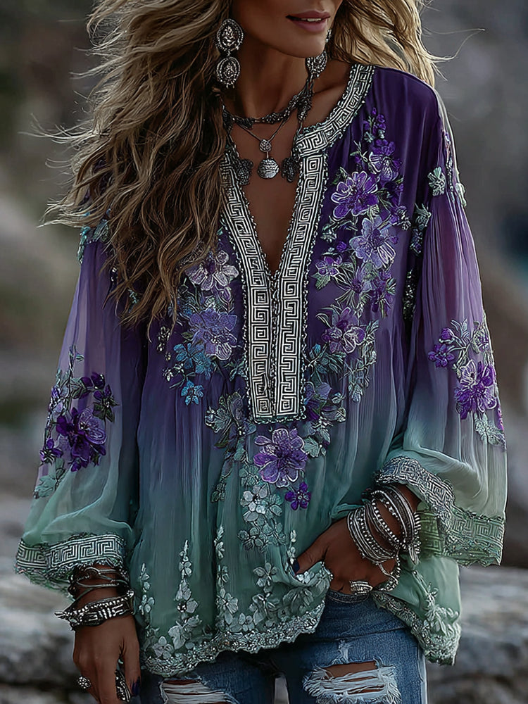 Classy Gradient Purple Lavender And Floral Art Linen Blend Long Sleeve Tops