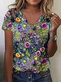 Women's Alzheimer's Purple Floral Print V-Neck T-Shirt