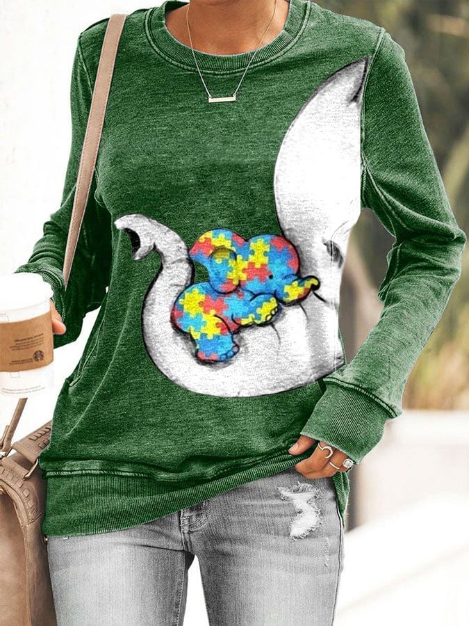Women'S Autism Elephant And Baby Elephant Print Long Sleeve Sweatshirt