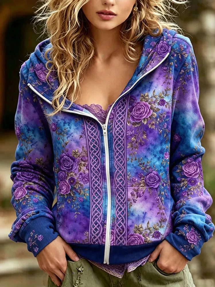 Women's Retro Boho Purple Rose Print Tie-dye Print Casual Zipper Hooded