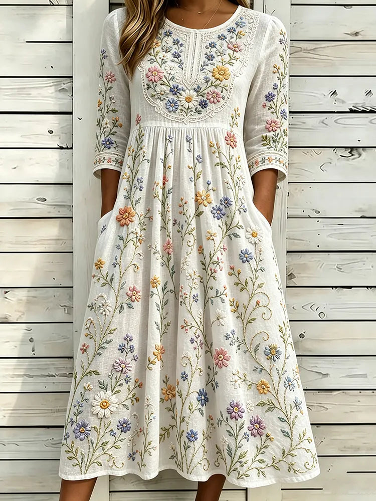 Women's Vintage Floral Pattern Art Embroidered Linen Blend Dress
