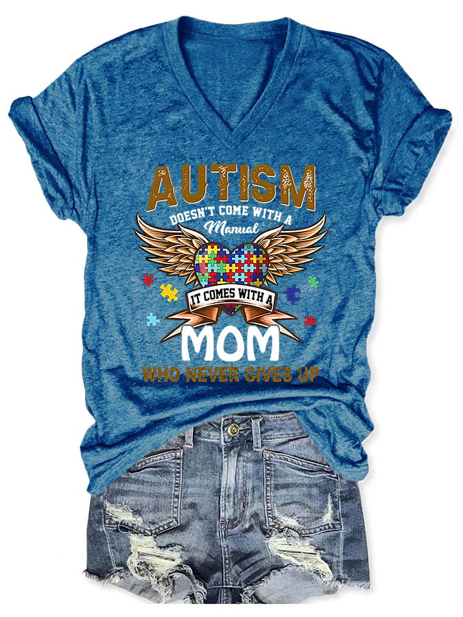 V-neck Autism Mom Print T-Shirt