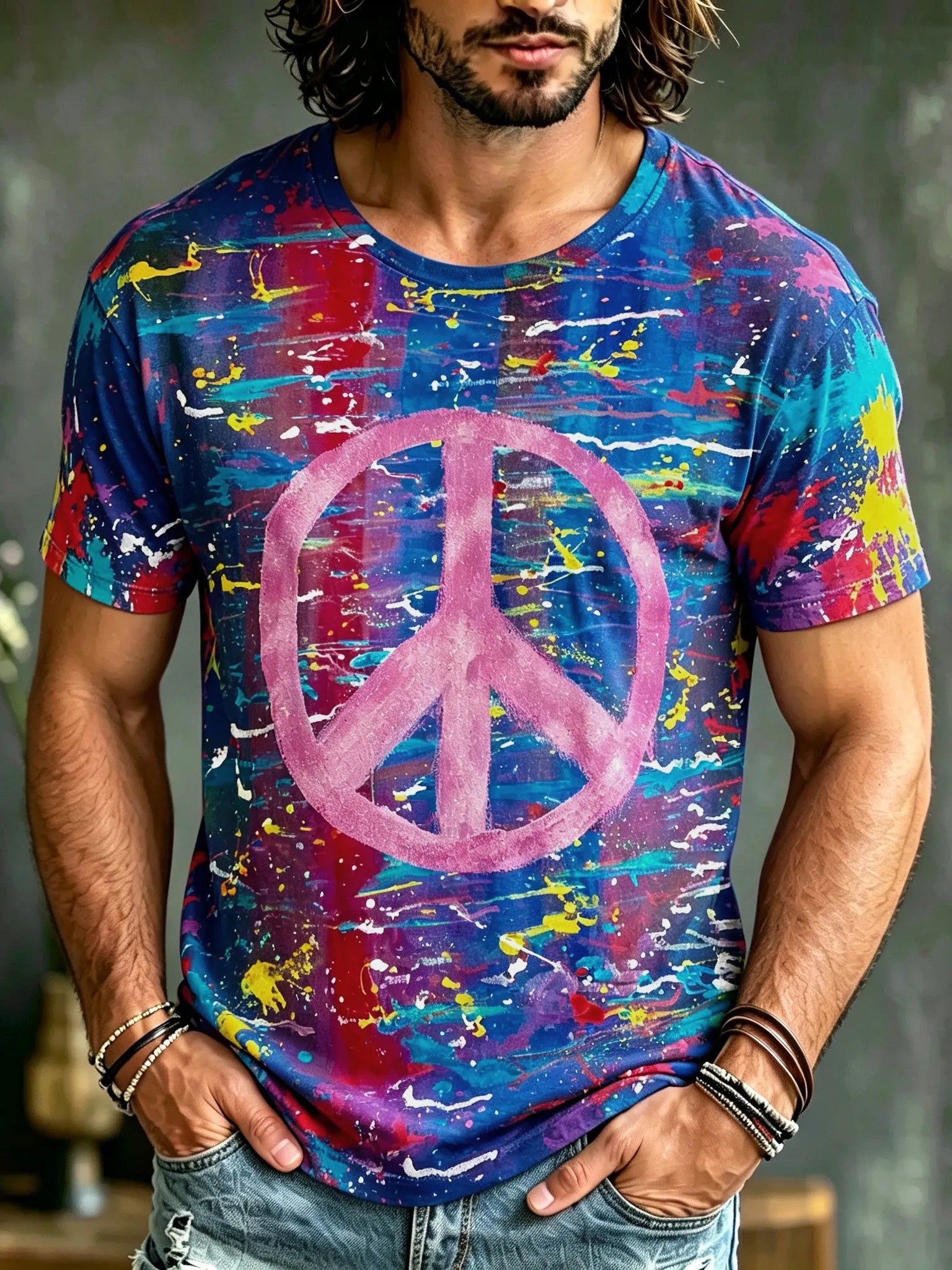 Men's Retro Hippie Style Peace Logo Art Print Casual T-shirt