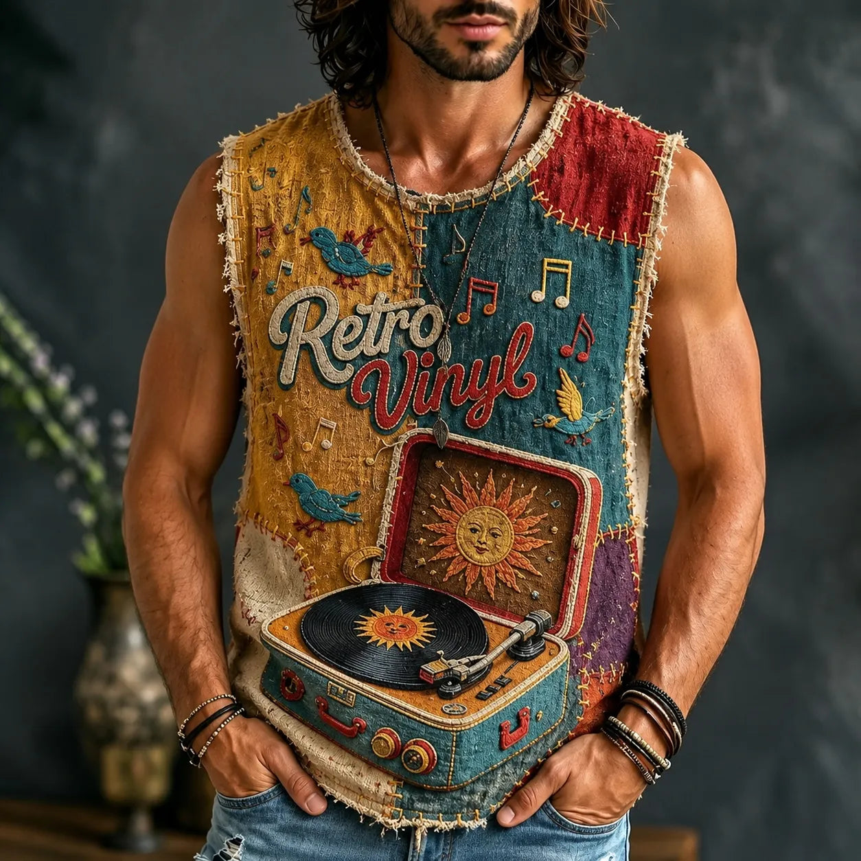 Men's Hippie Sun Face Record Peace Art Print Tank Top