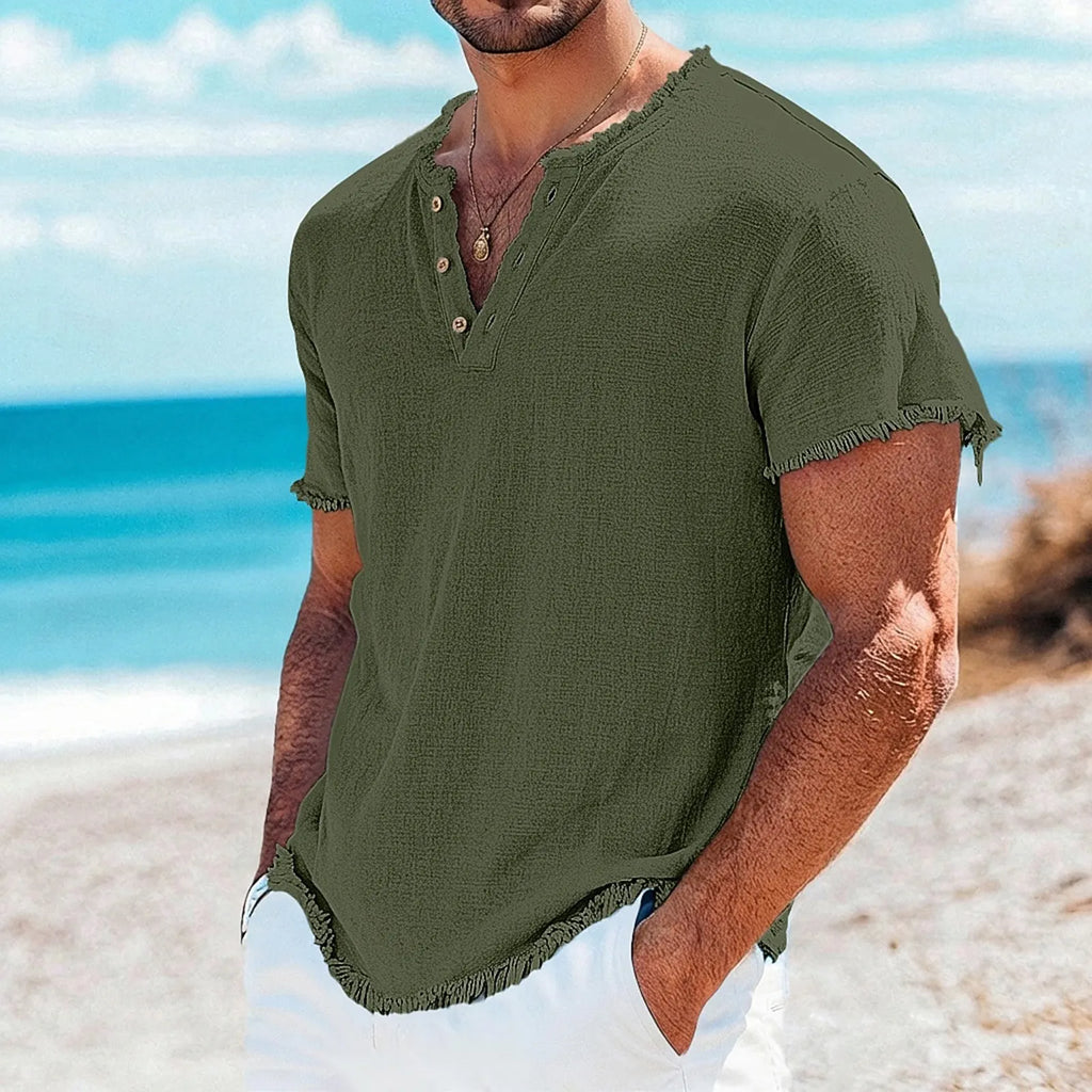 Men's Raw-Edge Cotton-Linen Henley Top