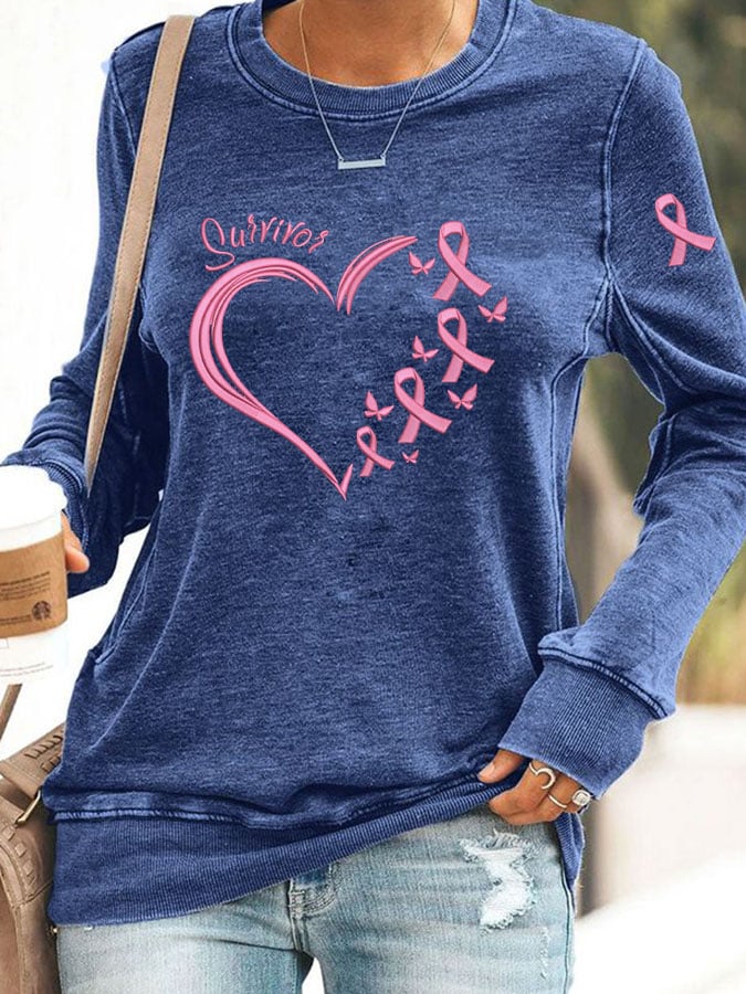 Women's Breast Cancer Awareness Heart Pink Ribbon Print Top