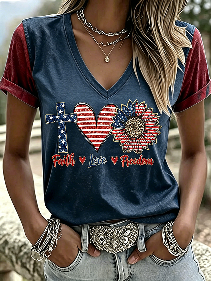 Women'S America Flag Print Casual V-Neck T-Shirt