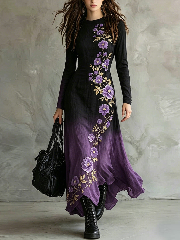 Elegant Purple Floral Art Gradient Flowy Linen Maxi Dress