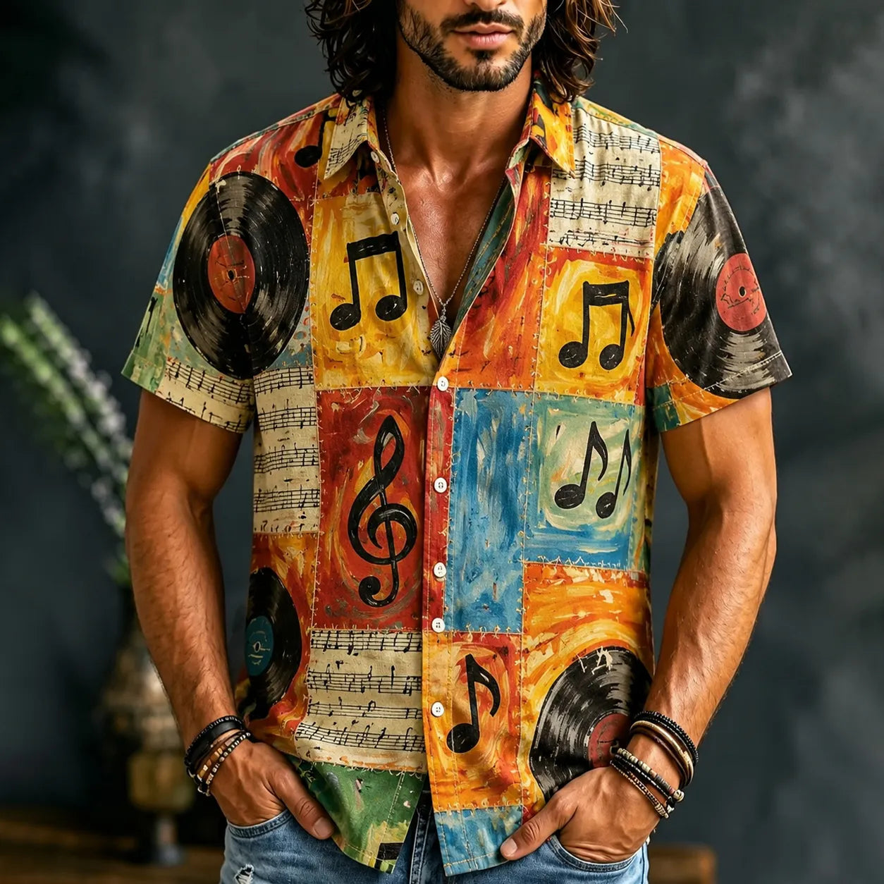 Men's Hippie Tie Dye Musical Notes Patchwork Printed Short Sleeve Shirt