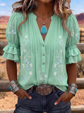 Women's Western Vintage Floral Embroidered Ruffle Sleeve Top