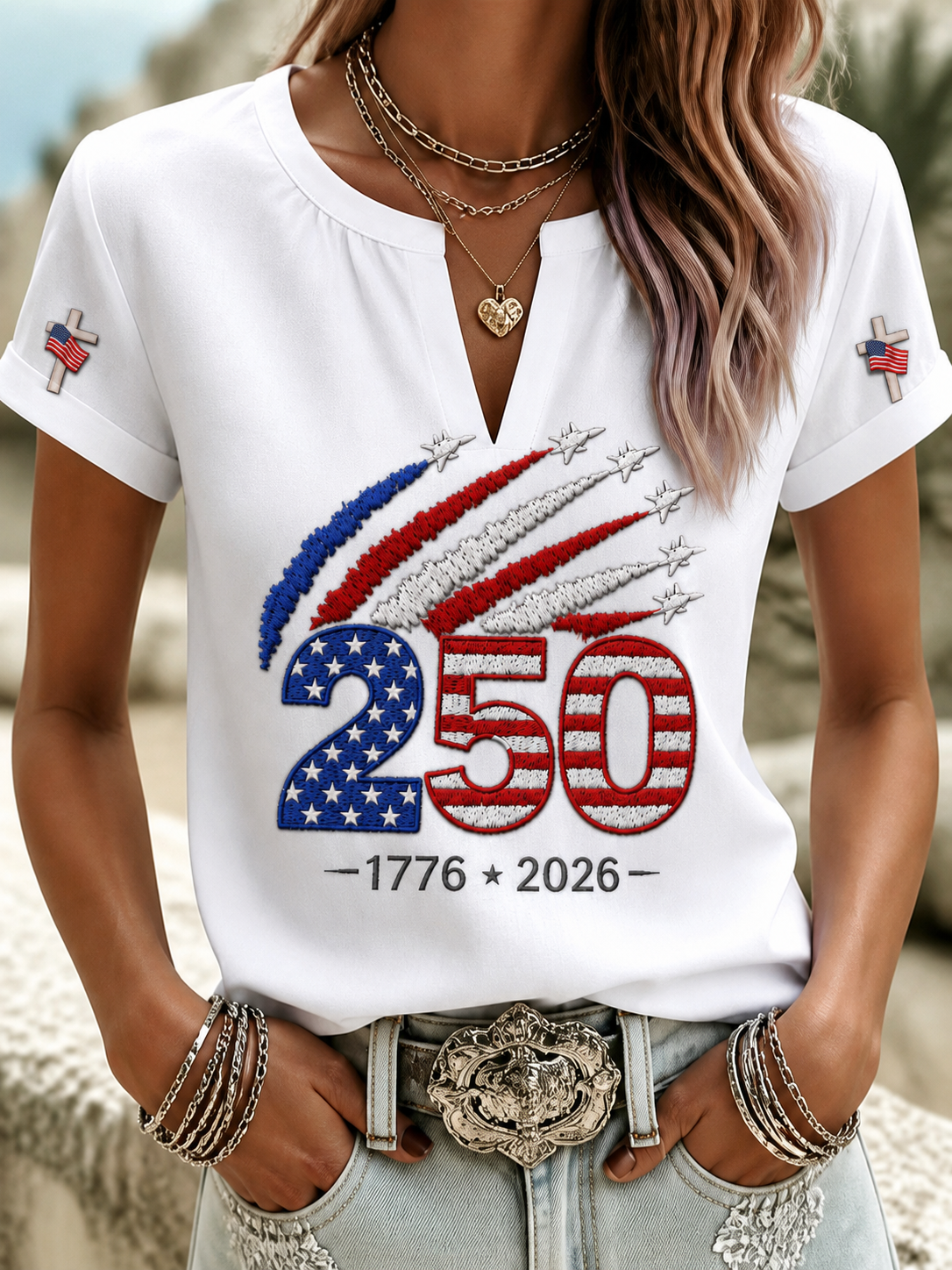 Women'S Casual Cotton Linen American Independence Day Floral Art Printed Short Sleeved T-Shirt