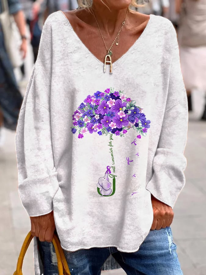 Women's I Will Remember For You Dementia Alzheimer's Disease Awareness Printed V-Neck Top