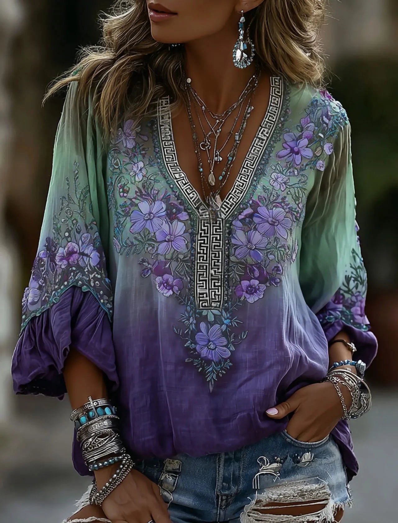 Classy Gradient Purple Lavender And Floral Art Linen Blend Loose Three-quarter Sleeve Shirt