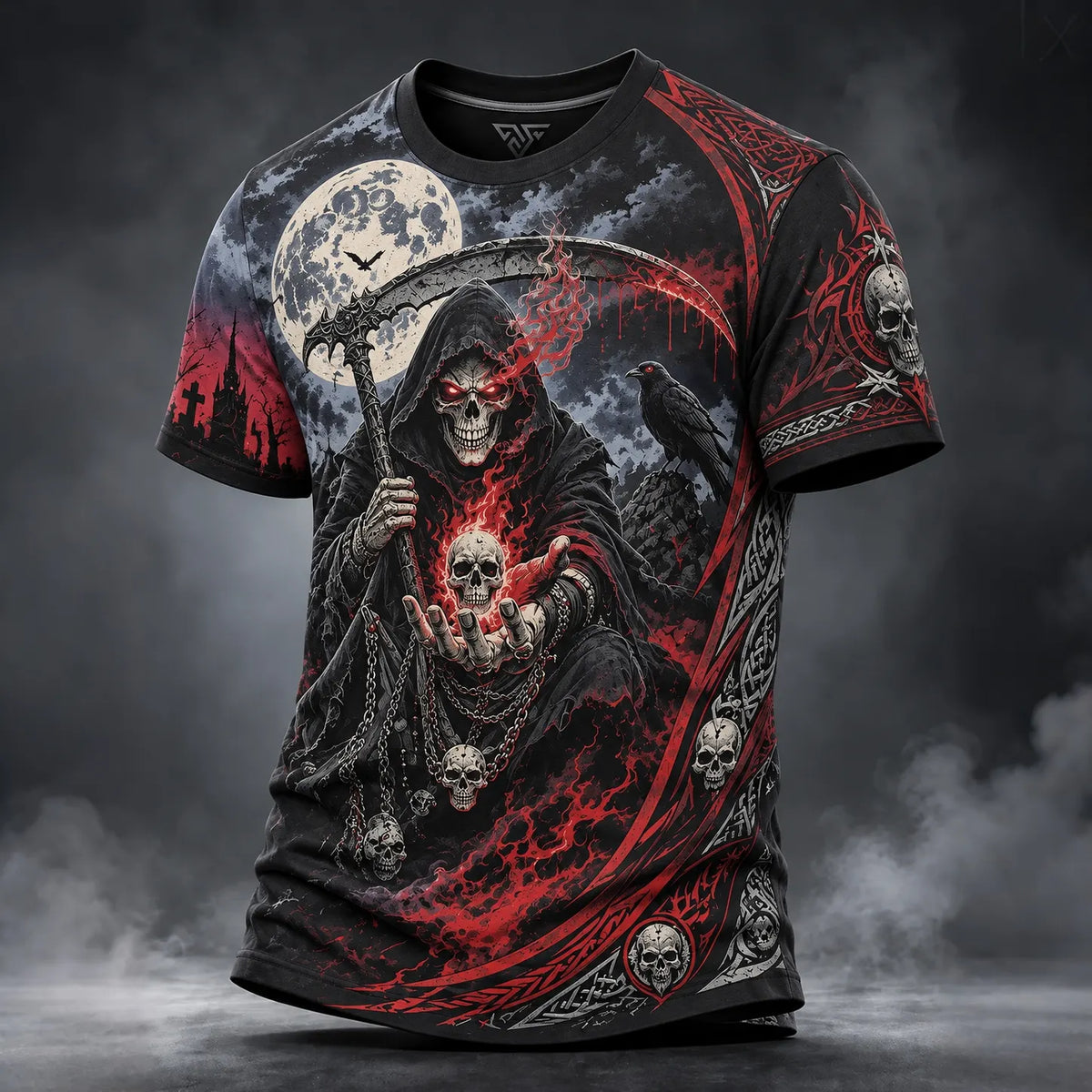 Men's Halloween Red-eyed Grim Reaper With Scythe Glowing Skull Print Casual T-shirt