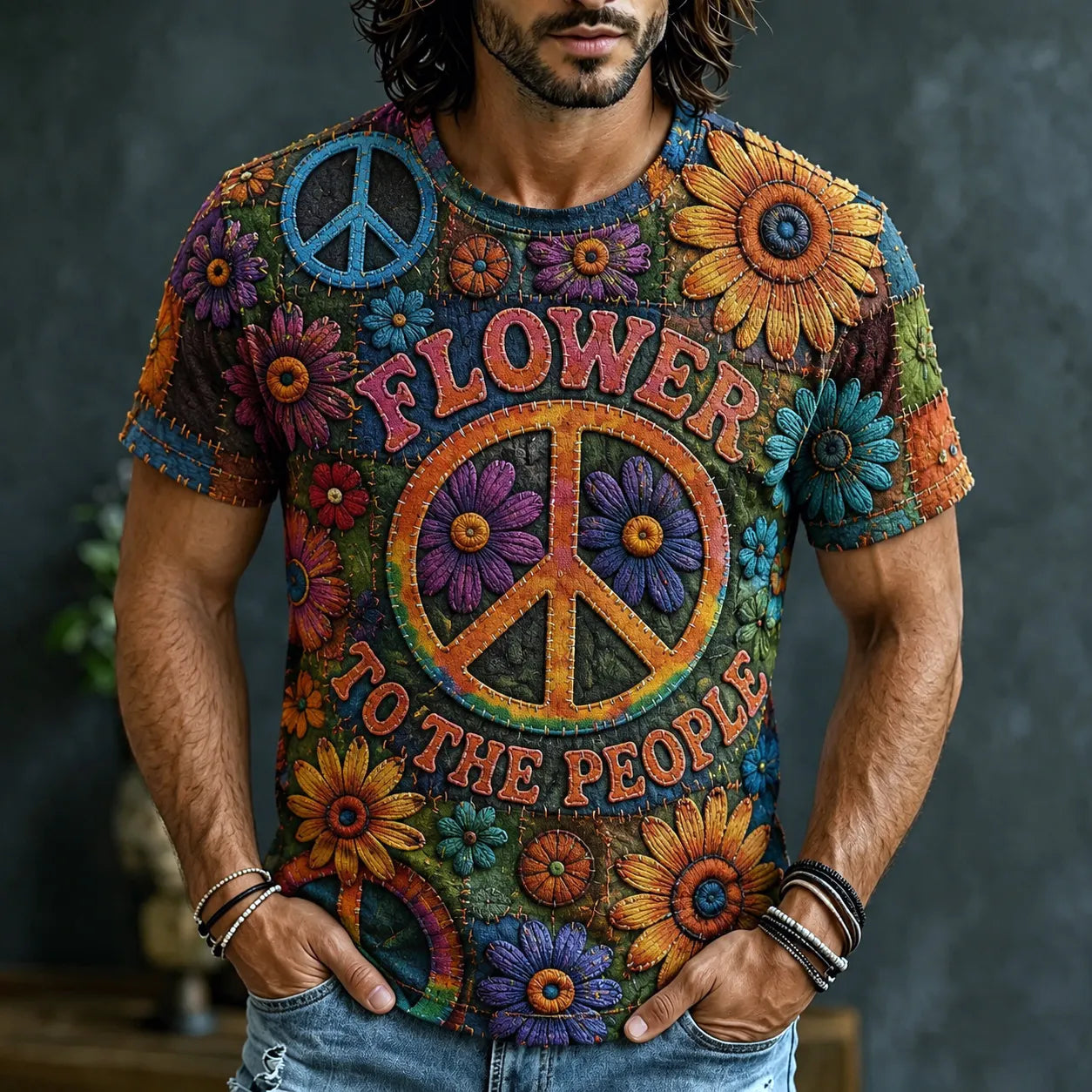 Men's Retro Hippie Style Sunflower Embroidered Print T-shirt