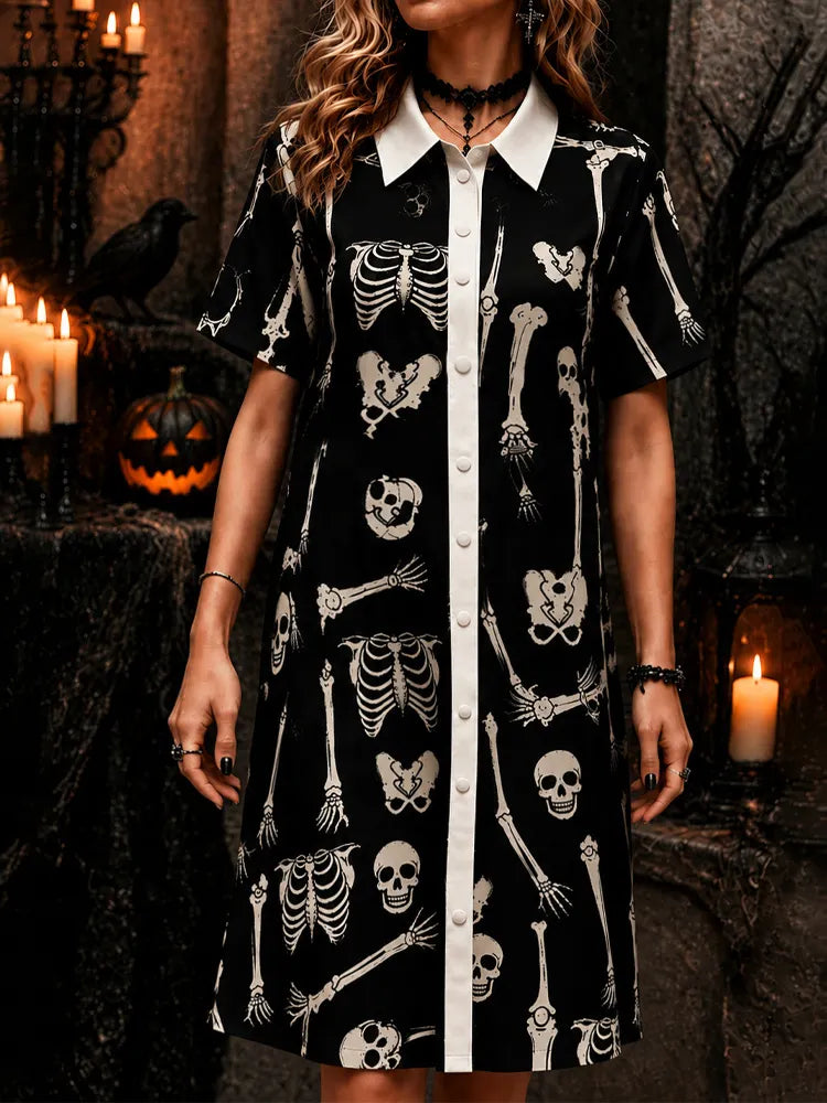 Women's Gothic Halloween Skeleton Skull Covered Mid-length Shirt Dress