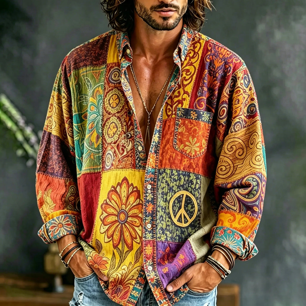 Men's Retro Ethnic Hippie Color Block Design Shirt