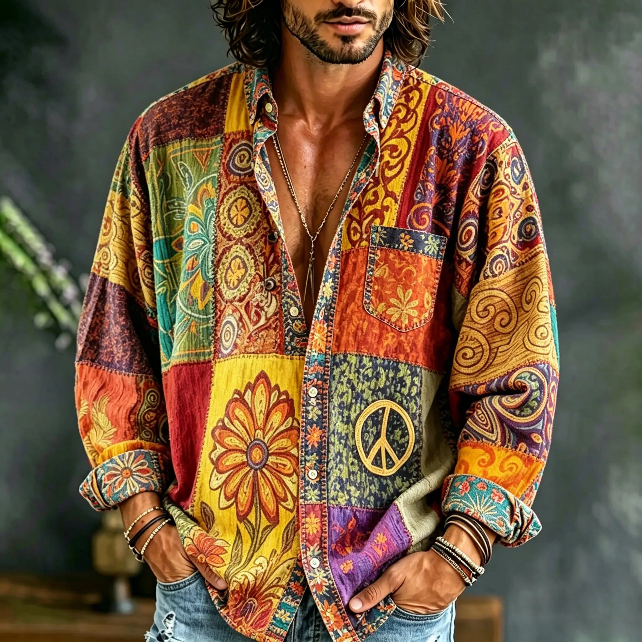 Men's Retro Ethnic Hippie Color Block Design Shirt