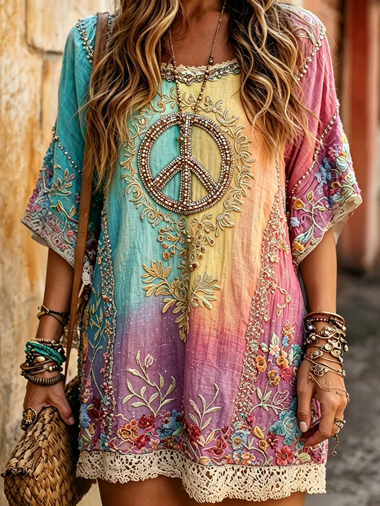 Women's Vintage Hippie Peace And Floral Embroidered Short Sleeve Dress