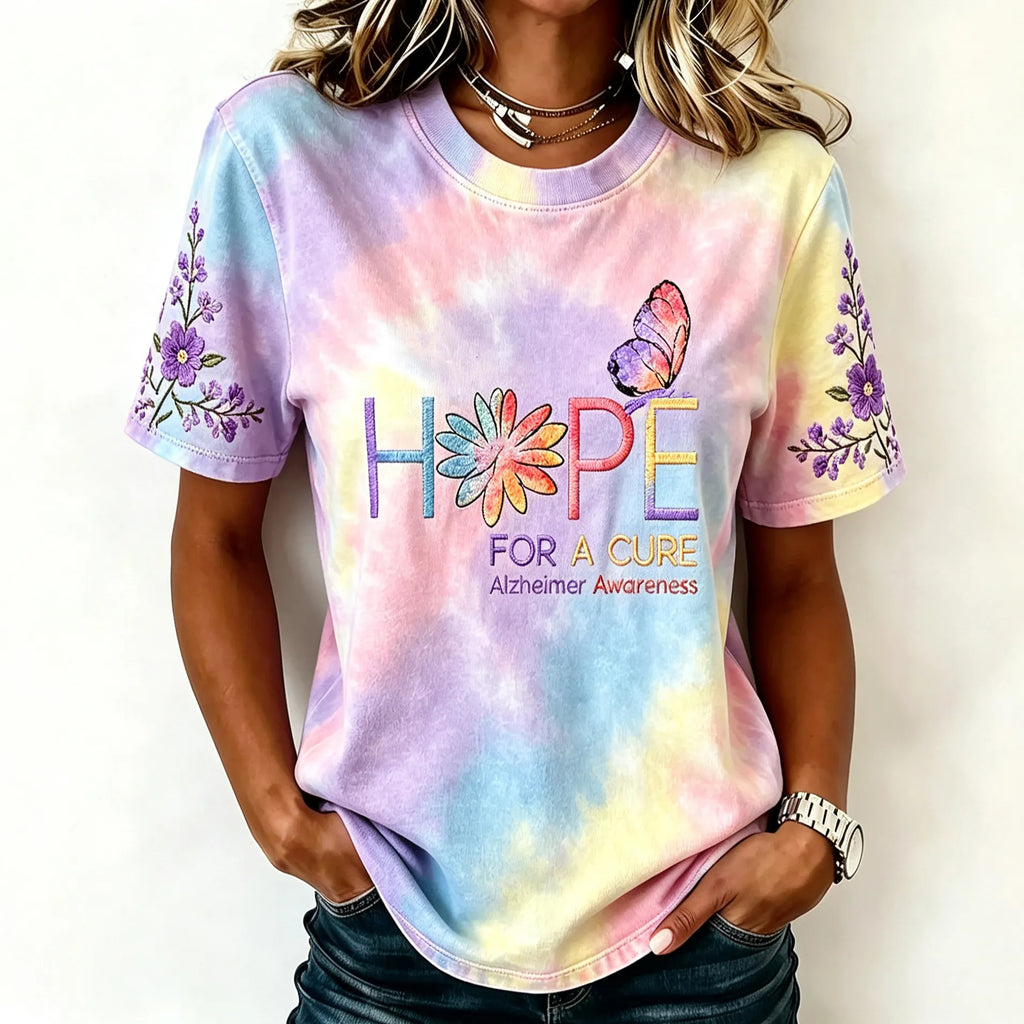 Hope Alzheimer's Disease Floral Embroidery Gradient Pattern Casual T-shirt