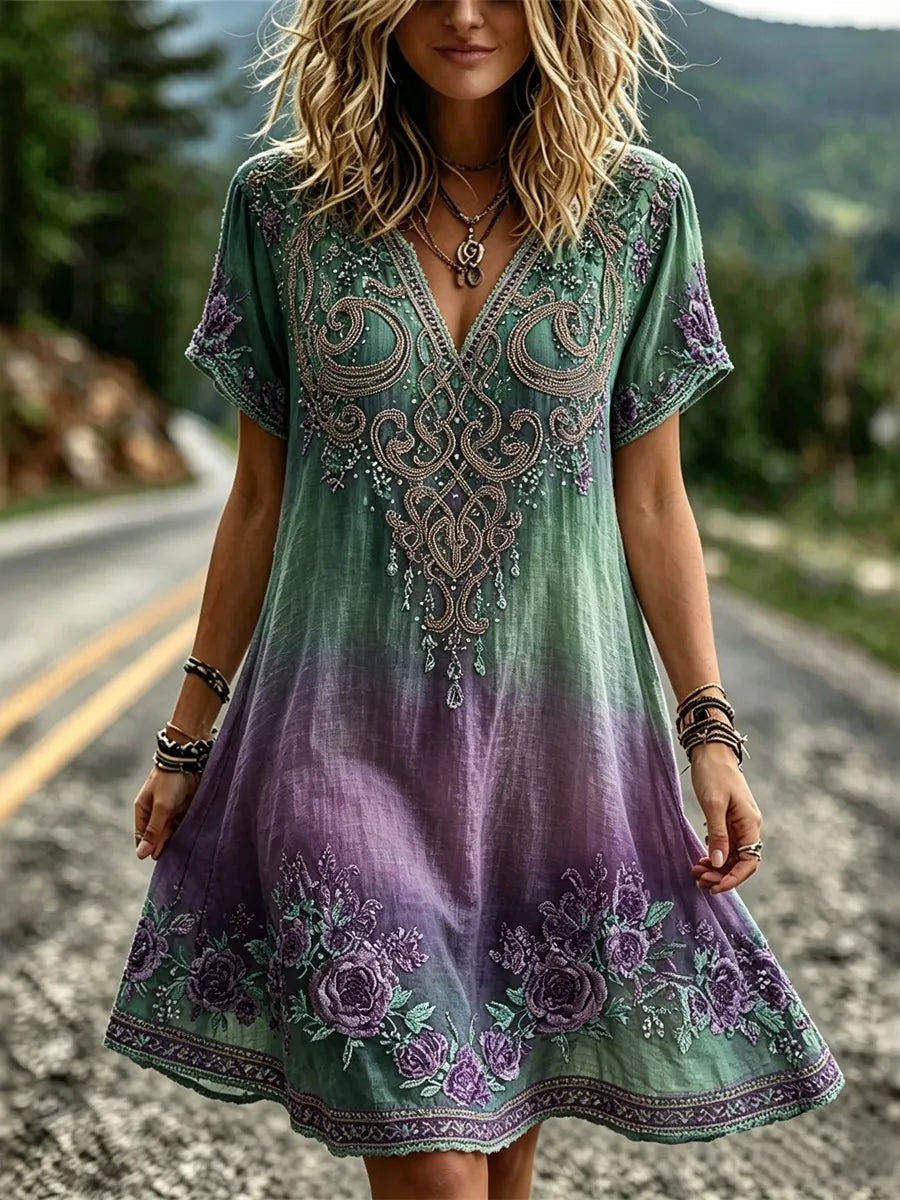 Women's Retro Purple Floral Print Alzheimer's Awareness Casual  Mini Dress