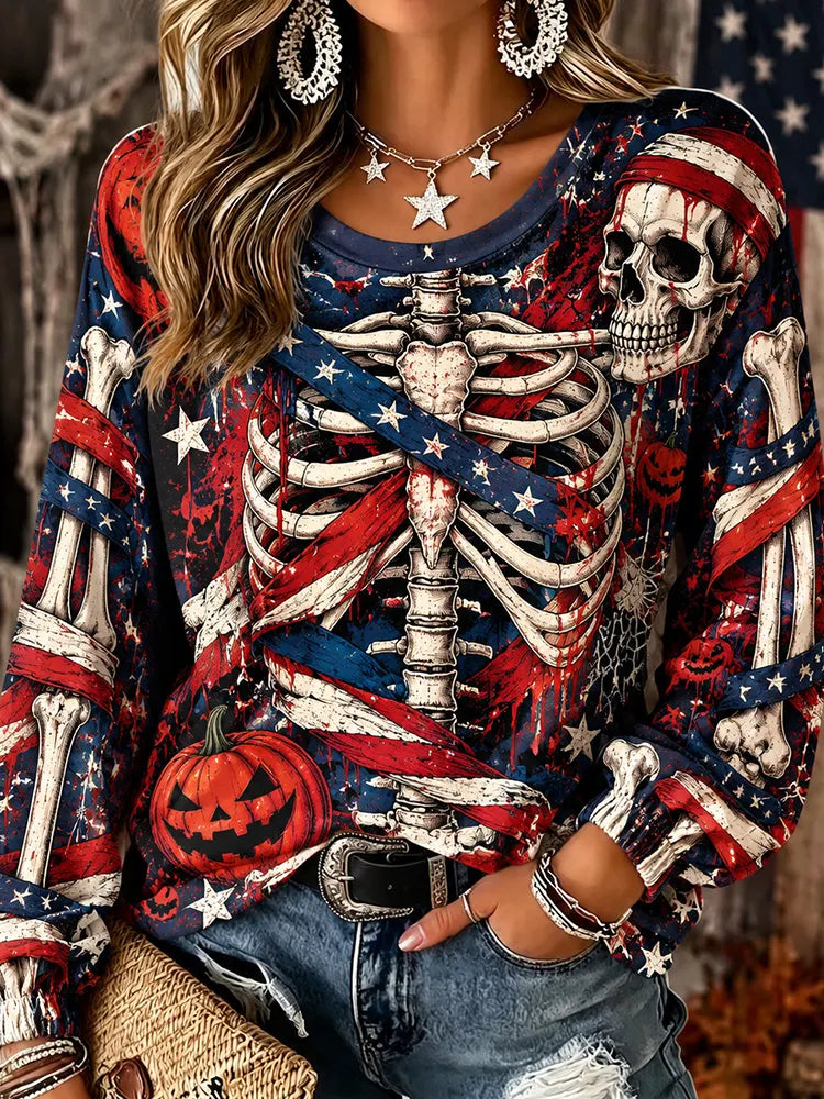 Women's Halloween Human Skeleton And Bandage Art Casual Crewneck Top