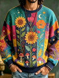 Men's Bohemian-style Patchwork Crewneck Sweatshirt, Adorned With Sunflower, Poppy, And Mushroom Embroidery.