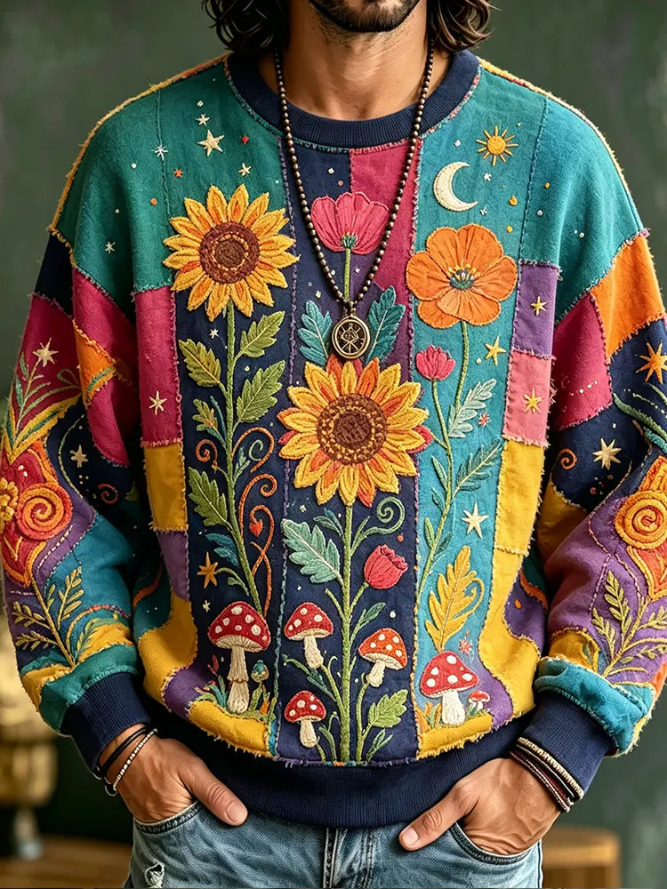Men's Bohemian-style Patchwork Crewneck Sweatshirt, Adorned With Sunflower, Poppy, And Mushroom Embroidery.