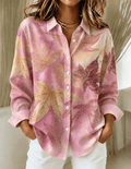 Women's Pink Maple Leaf Print Casual Collared Shirt