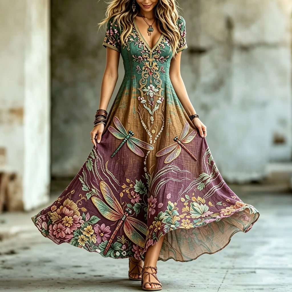 Women's Hippie Floral And Dragonfly Pattern Art Embroidered Linen Blend Maxi Dress