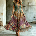 Women's Hippie Floral And Dragonfly Pattern Art Embroidered Linen Blend Maxi Dress