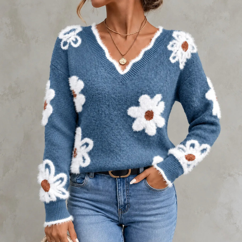 Elegant Floral Jacquard Knit V-neck Sweater