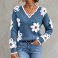 Elegant Floral Jacquard Knit V-neck Sweater