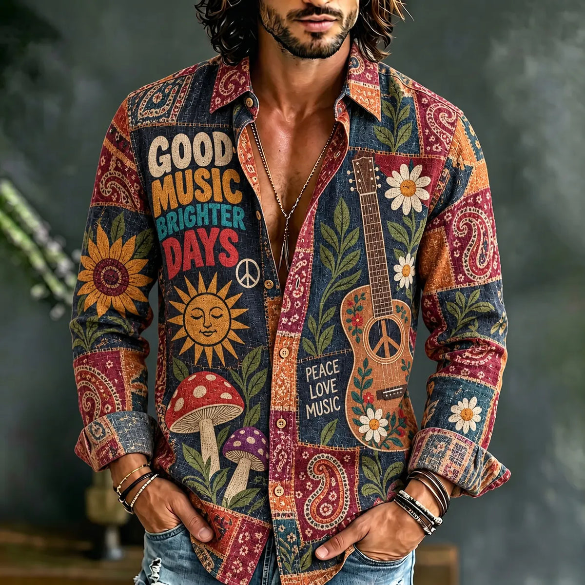 Men's Retro Hippie Art Print Long Sleeve Casual Shirt